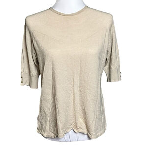 LES COPAINS Women’s Tan 100% Wool Blouse Short Sleeve Gold Detail Size 48 Large